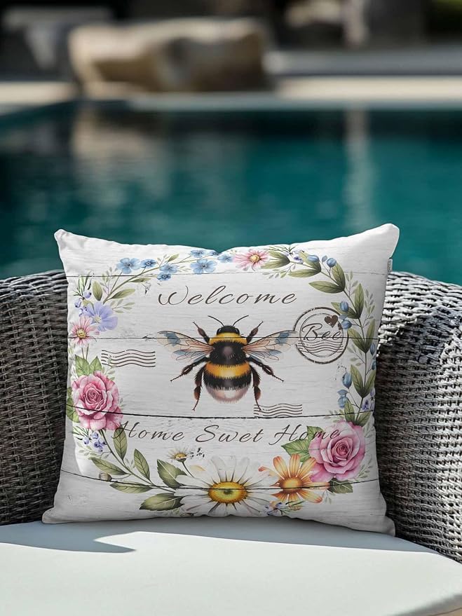 Outdoor Waterproof Throw Pillows Rustic Bee Flower Wreath Patio Pillows,Decorative Pillow Covers with Insert,Pillow Cushion Case for Garden Couch Sofa Farmhouse White Wood Board