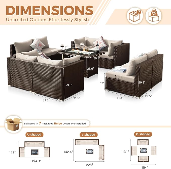 BULEXYARD 9 Pcs High Back Outdoor Sectional Set with Firepit Table, High-End Patio Furniture Seating Set, Big Oversized Wide Deep Modular 8-Seater Couch Sofa for Backyard, Brown Wicker & Beige Cushion
