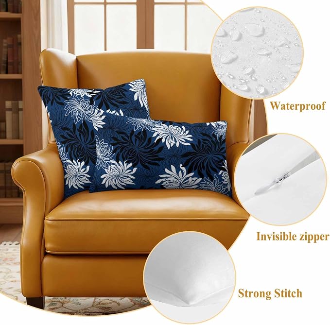 Yukro Blue Black Floral Outdoor Waterproof Pillow Covers Pack of 2, Vintage Blue White Black Flower Decorative Throw Pillowcases Cushion Covers for Garden Patio Tent Sofa Couch, 20x20 inch