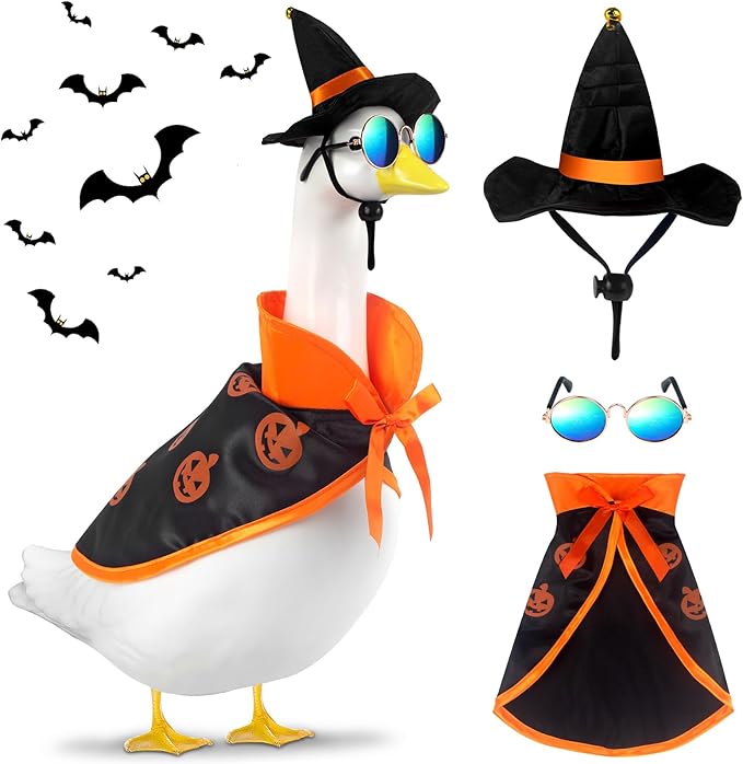 Halloween Porch Goose Outfits, Fall Goose Clothes Fits 17-23 in Statue | Goose Costume with Hat & Sunglasses for Cement Plastic Outdoor Patio Yard Lawn Duck Party Decoration