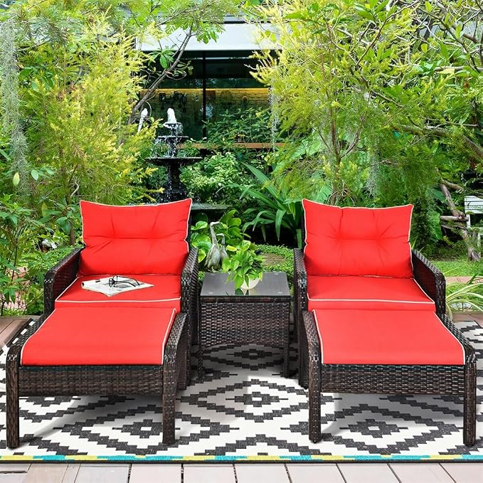 5 PCS Patio Rattan Furniture Set Sofa Ottoman Table Cushioned Yard Red