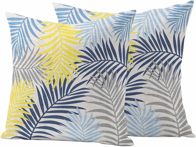 Outdoor Waterproof Throw Pillow Covers, Blue Yellow Grey Palm Leaves Decorative Pillow Cases, Summer Botanical Tropical Leaf Couch Pillow Protector Patio Sofa Cushion Covers Replacement 20"x20" 2 Pack