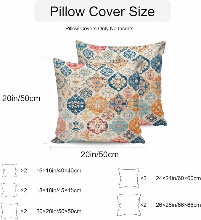 Boho Morocco Waterproof Outdoor Pillow Covers Set of 2 Home Decor, Retro Farmhouse Ethnic Neutral Aesthetic Pillowcase Patio Pillow Covers for Couch Bench Furniture Garden 26x26in