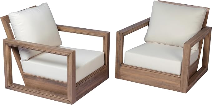 Christopher Knight Home 3-Piece Patio Swivel Chair Set with Side Table, Acacia Wood Outdoor Swivel Rocking Chairs with Cushions, Deep Seating Patio Chair & End Table for Porch Deck Garden, Brown+Beige