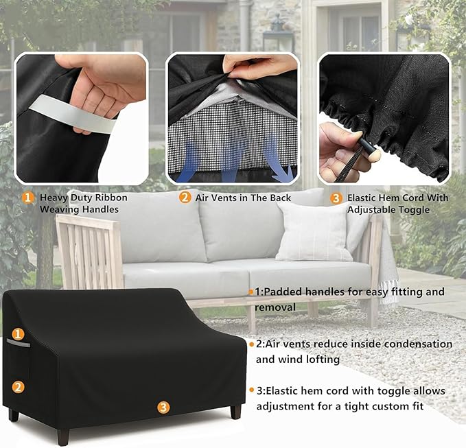 Waterproof Patio Loveseat Cover, 78.7W x 38.2D x 35H inches Heavy Duty 600D Weather-Resistant Outdoor Furniture Protector Black