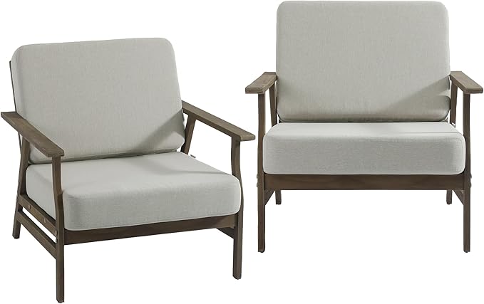 2 Piece Wood Patio Chair Outdoor Bistro Set, Outdoor Armrest Chair All Weather Patio Sofa Furniture Backyard Conversation Sets with Cushions, Light Camel