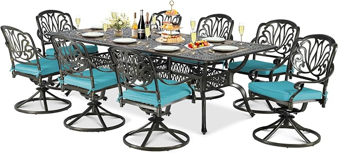 9-Piece Patio Cast Aluminum Dining Set, Outdoor Dining Furniture Set for 8 Person, Includes 94.5" Rectangular Dining Table and 8 Swivel Chairs with Umbrella Hole, Ocean Blue