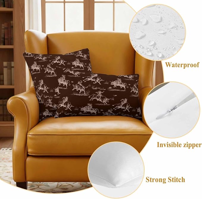Western Cowboys Outdoor Pillow Covers Waterproof, All Weather Cushion Case Set of 2, Brown Farmhouse Country Pastoral Scenery Decorative Pillowcases for Sofa Couch Bed Decor Patio Furniture 18"x18"