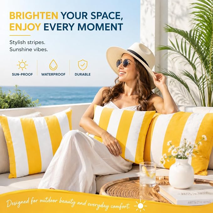 2pcs Outdoor Decor Pillows, Insert and Cover, Waterproof & Fade-Resistant Patio Couch Cushions for Garden, Porch, Poolside Sofa (Yellow White, 18x18in)