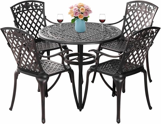 5 Pieces Outdoor Patio Dining Set, 36" Metal Outdoor Dining Set with 1.97" Umbrella Hole, Anti Rust Patio Furniture Set with 4 Chairs and Round Table for Garden, Porch and Poolside, Bronze