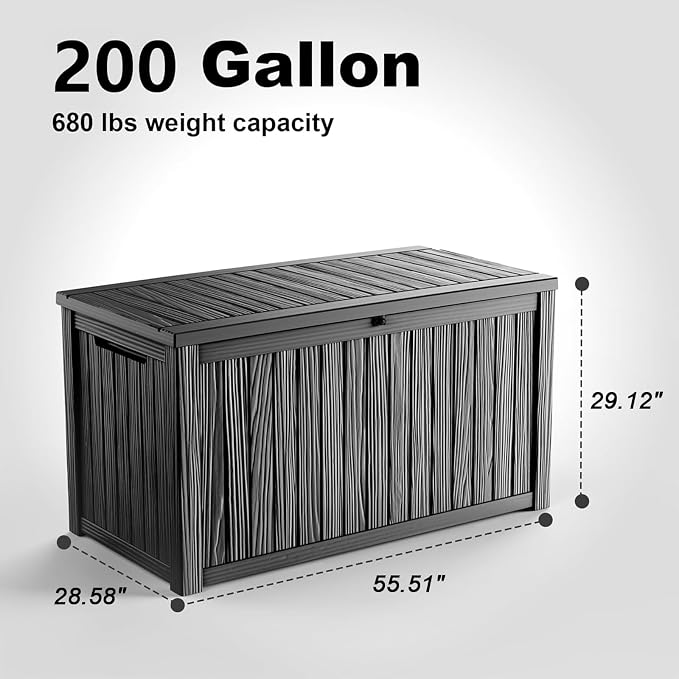 PatioZen 200 Gallon Deck Box, Outdoor Storage Box, Outdoor Storage Box for Cushions, Garden Tools, Furniture Storage,Waterproof, Lockable and Resin,Black