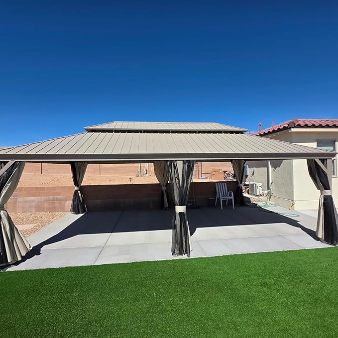 PURPLE LEAF Outdoor Gazebo 14'X24'，Champagne Hardtop Gazebo with Galvanized Steel Double Roof, Permanent Patio Gazebo with Curtains and Netting for Patio Lawn Garden and Deck