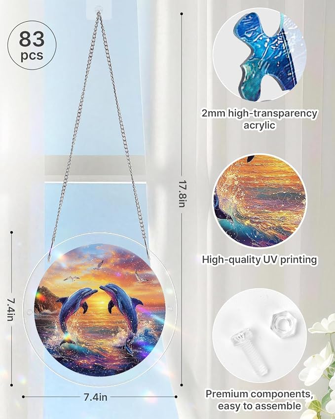 Acrylic Puzzle Suncatcher 83 Pieces, Dolphin Love Song Sun Catchers Puzzle, DIY SunCatchers Puzzles Window Hanging, Home & Garden Decor, Gifts for Family and Friends, 7.4 in