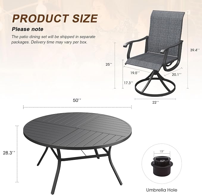 VICLLAX Patio 7 Pieces Outdoor Dining Set, 50" Round Metal Table with Umbrella Hole and 6 Swivel Textilene Chairs for Lawn, Garden, Porch, Black/Dark Grey