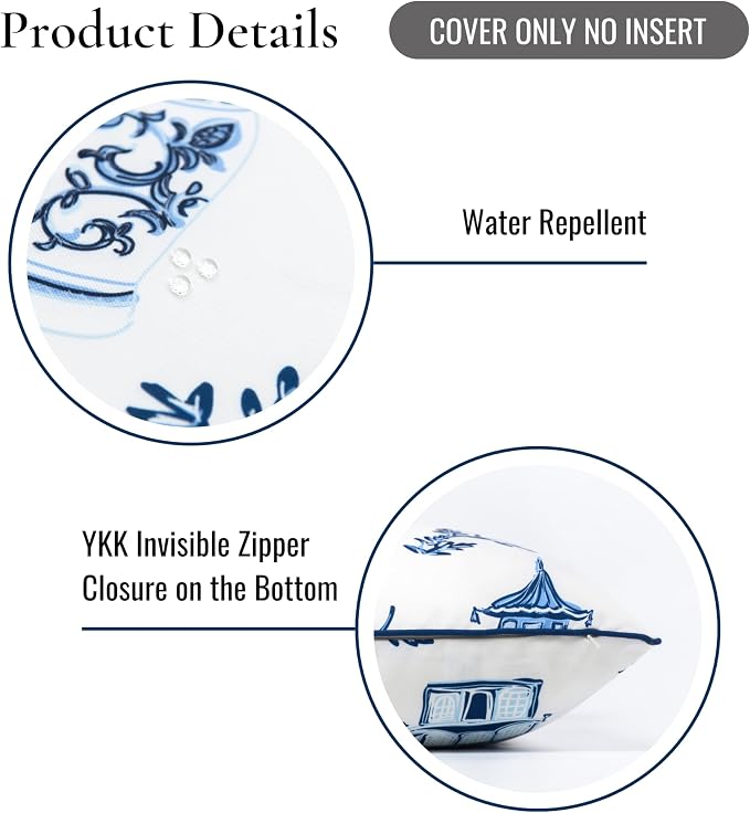 Hofdeco Premium Coastal Patio Indoor Outdoor Throw Pillow Cover Only, 20"x20" Water Repellent for Backyard, Couch, Navy Blue Chinoiserie with Piping (Pack of 2)