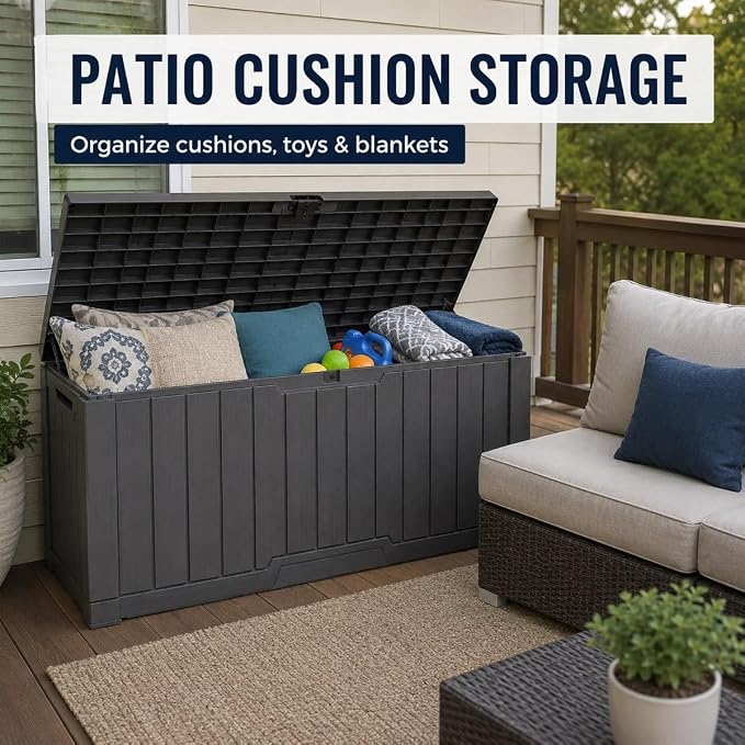 Outdoor Storage Box, Waterproof Deck Box with Buckle Lock, Patio Storage Box for Cushions and Outdoor Toy Storage, 30/60/80/100/120 Gallon PP Bench or Side Table for Patio Garden Backyard(100 Gallon)