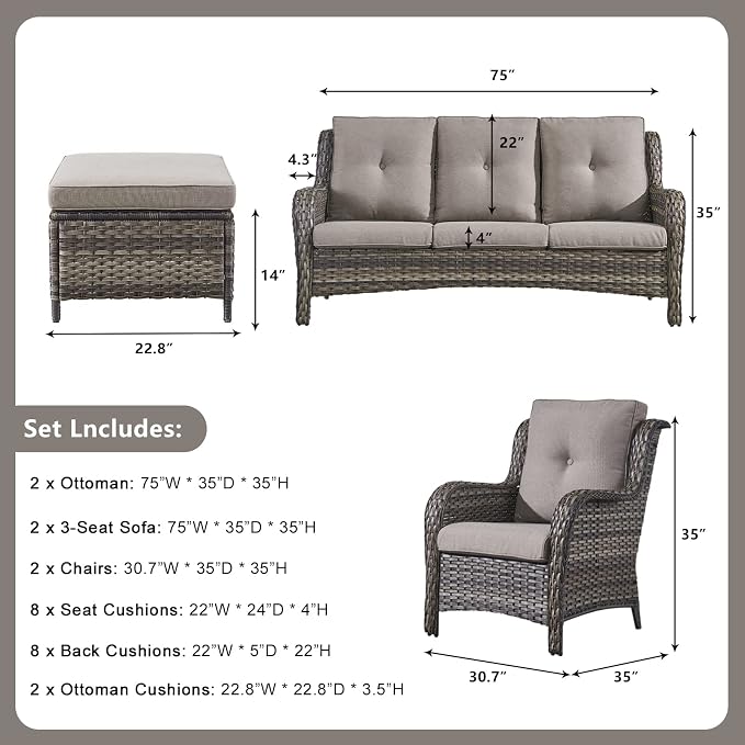 Rilyson Wicker Patio Furniture Set - 6 Piece Rattan Outdoor Sectional Conversation Sets with 2 Sofa,2 Armrest Chairs and 2 Ottomans for Porch Deck Garden(Mixed Grey/Grey)