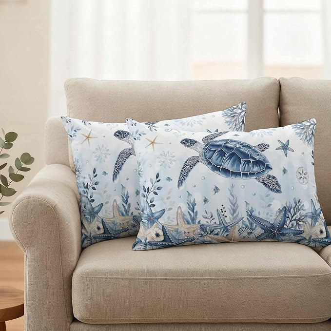 Pack of 2 Blue Turtle Coastal Outdoor Pillow Covers Decorative, Beach Starfish Waterproof Pillow Protector, Nautical Coral Botanical Lumbar Throw Pillowcases for Patio Couch Sofa Home Decor 20"x12"