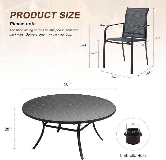 11 Pieces Patio Dining Set, 60" Round Dining Table with Umbrella Hole, 10 Stackable Textilene Fabric Chairs, Metal Structure for Patio, Porch, Garden(Black Table, Grey Chair)