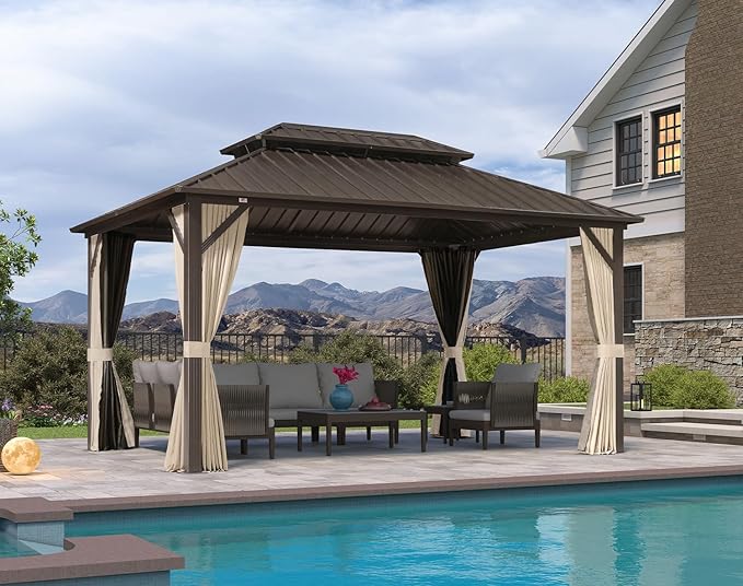 PURPLE LEAF 10’ X 14’ Outdoor Hardtop Gazebo Metal Frame Galvanized Steel Double Roof with Curtains and Nettings for Patio Desk Backyard Bronze