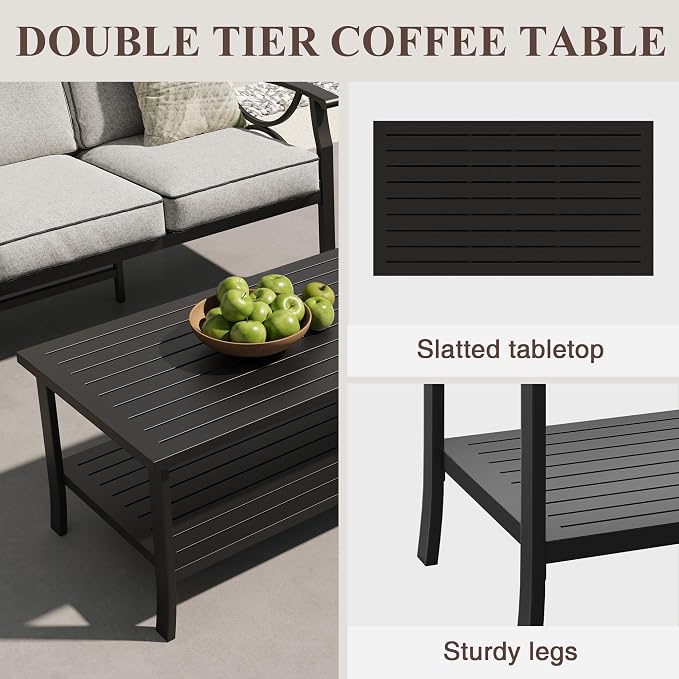 RoyalCraft Outdoor Patio Furniture Set, 5 Piece Patio Conversation Set with Coffee Table, Metal Furniture Set for Porch Backyard Garden, Black