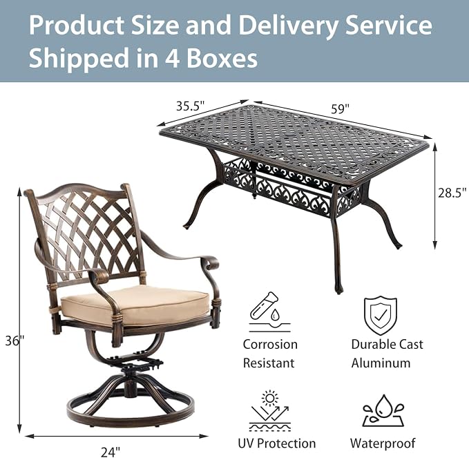 7-Pcs Cast Aluminum Patio Dining Set with 6 Swivel Chairs,Bronze | Outdoor Furniture Set Include 59" Rectangular Dining Table and 6 Swivel Chairs with Cushions & Umbrella Hole