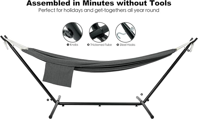 GAFETE Double Hammock with Stand for Outside, Upgraded Spreader Bar, Heavy Duty Space Saving Steel Stand 2 Person, Side Pocket, Easy Assembly, 600lbs Weight Capacity, Indoor & Outdoor (Dark Grey)