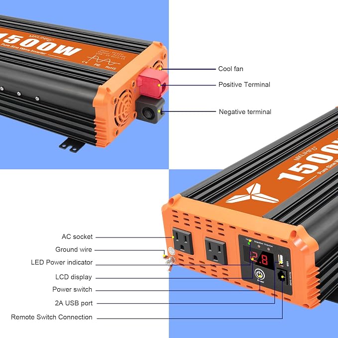 1500 Watt Pure Sine Wave Power Inverter 12V DC to 120V AC,3000W Surge Peak Power, Inverter for RV, Truck, Solar, Campers with 2 AC Outlet, 5V 2.0A USB, Remote Control Compatible with Lithium