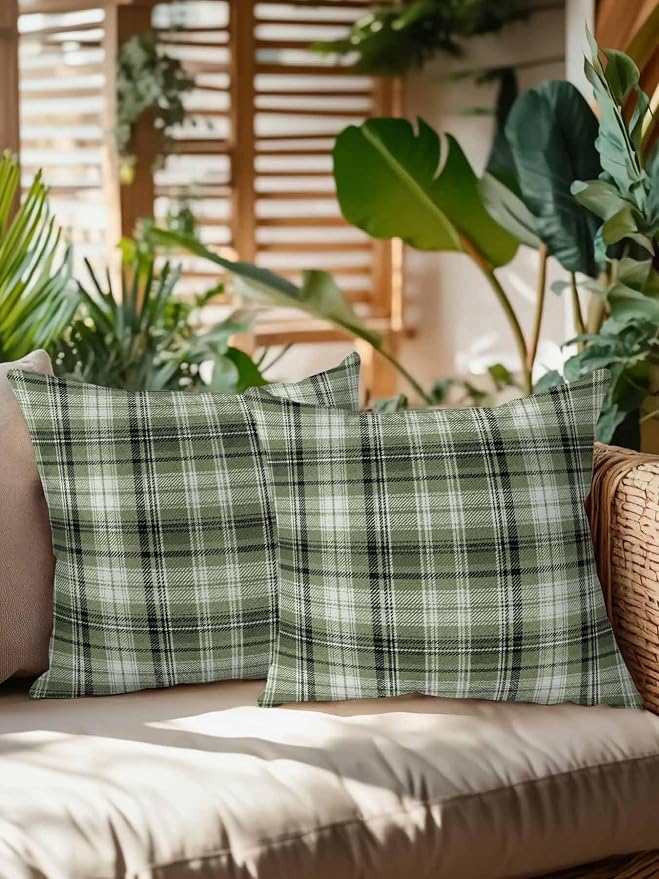 Waterproof Outdoor Pillow Set of 2 Green Checked Plaid Decorative Throw Pillows Cover & Insert 16x16 Inch Pillowcase Stripes Woven Grid Square Pillows for Couch Sofa Bed Patio Furniture Indoor Outdoor