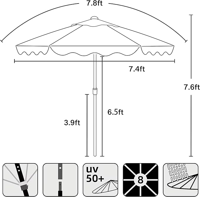 AMMSUN 7.8ft Seashore Umbrella, Outdoor Umbrella, Boho Beach & Patio Umbrella with UV 50+ Air Vent Ash Wood Pole Carry Bag & Water-Resistant Canvas (Rivulet Blue)
