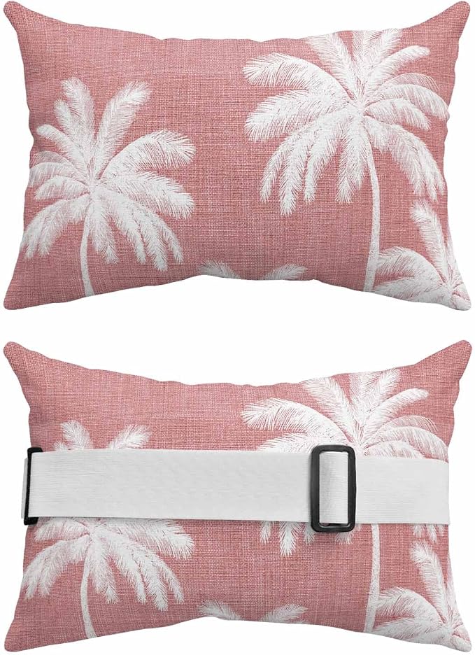 Pack of 4 Outdoor Lumbar Pillow Covers 11x16 Inch, Pink Palm Trees Waterproof Throw Pillow Covers Set, Farmhouse Tropical Summer Beach Indoor&Outdoor Decorative Cushion Cases for Patio Porch Car
