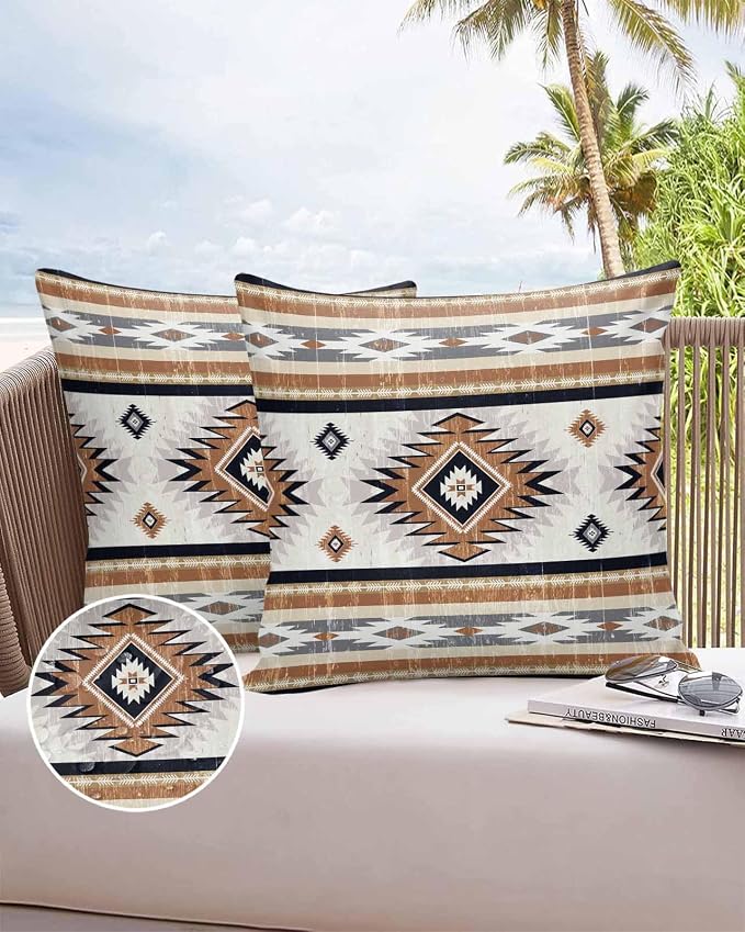 Outdoor Waterproof Throw Pillow Covers Set of 2 Orange Boho Aztec Pillowcases 24x24 Inches Southwest Tribal Geometric Patio Decorative Pillows Cushion Case Patio Pillows for Couch Bed Chair Garden