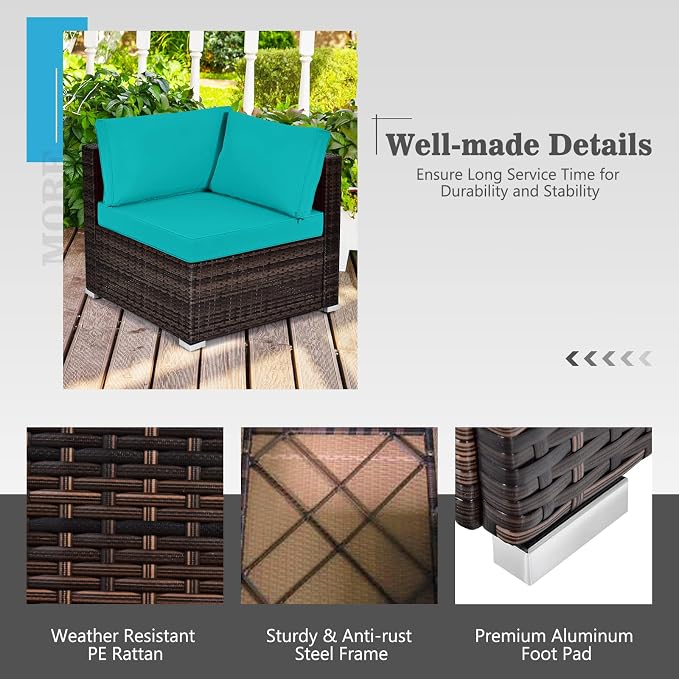 Tangkula 7-Piece Outdoor Patio Furniture Set with 42" Propane Fire Pit Table, Outdoor Wicker Conversation Set with Cushions and Tempered Glass Coffee Table, 50,000 BTU Gas Fire Pit Table (Turquoise)