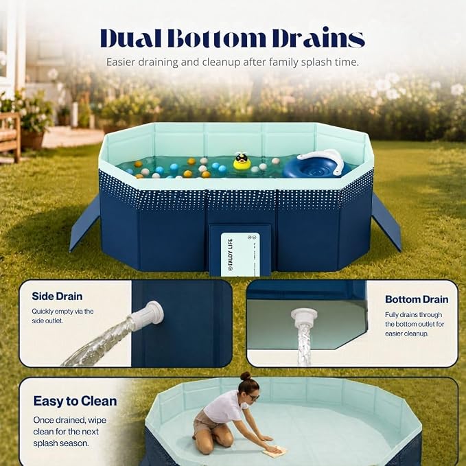 Large Foldable Pool, Non Inflatable Pool with 4-Layer Composite PVC, Sturdy Triangular Support Boards, Double Drains, Foldable Outdoor Pool for Backyard Kids & Adults, 5 Sizes