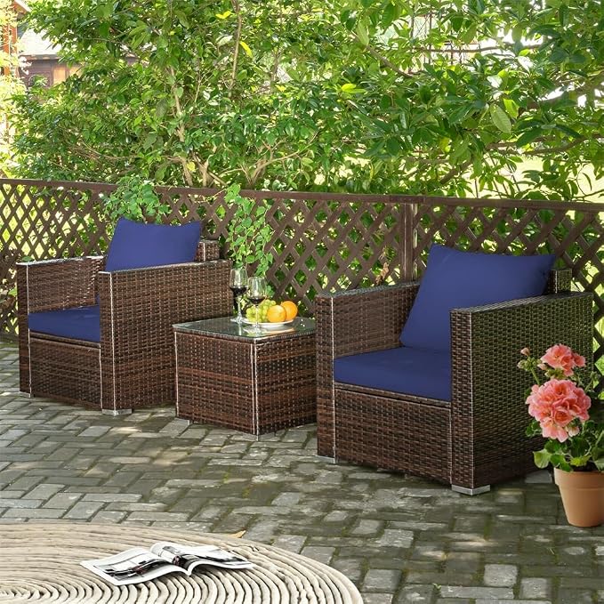 3PCS Patio Rattan Furniture Set Conversation Sofa Cushioned Navy