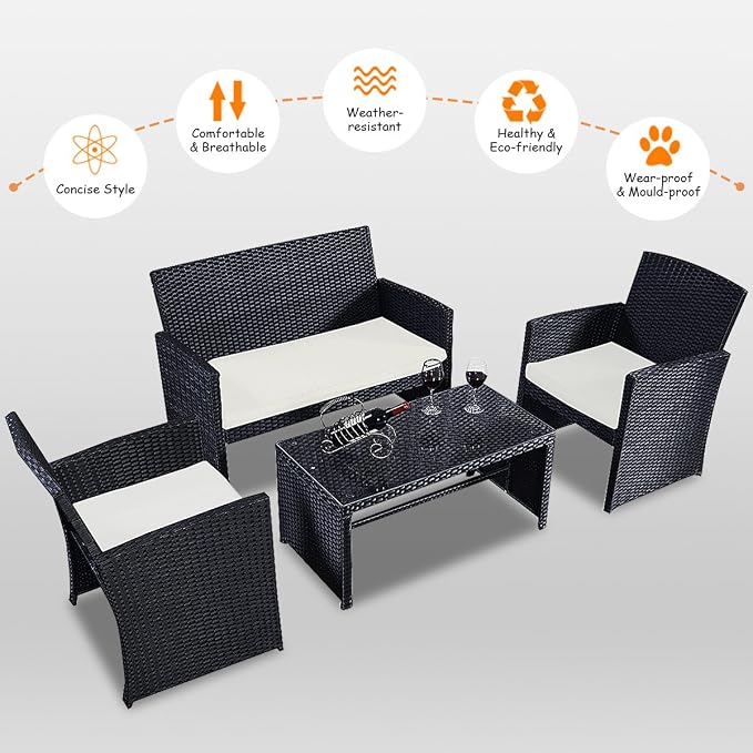 HAPPYGRILL 4pcs Patio Furniture Set Rattan Wicker Conversation Set Outdoor Sofa Wicker Table & Chair Set with Cushions for Garden Lawn Pool Backyard