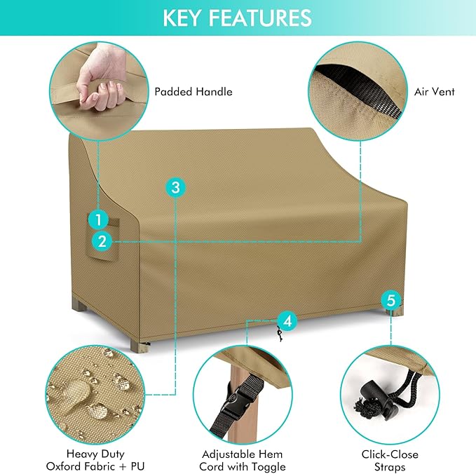 WLEAFJ Patio Sofa Cover Waterproof, Outdoor Loveseat Cover, Heavy Duty Deep Lounge Loveseat Cover, Large Lawn Patio Furniture Covers with Air Vent, 70’’ W x 38’’ D x 31’’ H, Khaki