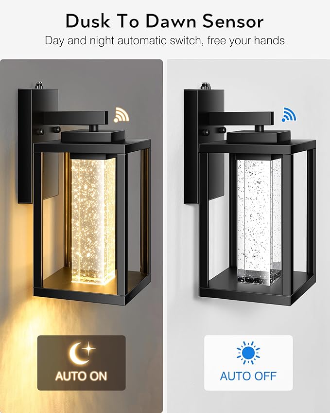 VIANIS Black Exterior Lighting Fixtures Wall Mount for House, 2 Pack Dusk to Dawn Outdoor Porch Light with Integrated 10W LED Light Source Crystal Bubble Glass, Anti-Rust Exterior Wall Sconce Lantern
