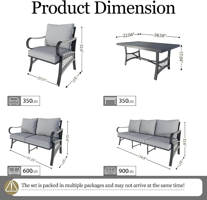 5 Pieces Patio Conversation Sets, All Weather Metal Outdoor Furniture Set with Sectional Sofa Loveseat Couch for Backyard Garden Deck Porch Poolside (Gray Cushions)