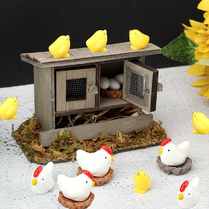 Fairy Garden Mini Chicken Coop Decor, 26-Piece Farm Scene Set | Includes 1 wood coop 3 hens 3 chicks 3 eggs 3 nests, doors open and close, store pieces together to avoid loss
