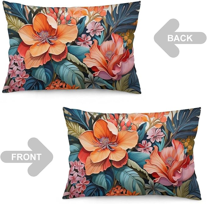 Tropical Flower Leaves Cushion Case 16 "x24 Hawaiian Flower Oblong Lumbar Throw Pillow Cover Zipper Pillowcase Outdoor Pillows for Patio Furniture Bedroom Decor Decoration