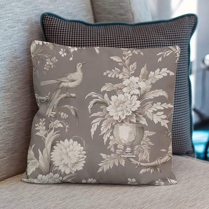 Pillowcase Tan French Country Toile Floral Cushion Cover Modern Grey White Bird Pillow Cover Accent Square Couch Sofa Cushion Covers for Patio Furniture Garden 20x20 in
