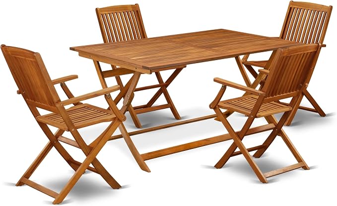 East West Furniture AECM5CANA 5 Piece Outdoor Patio Dining Sets Includes a Rectangle Acacia Wood Table and 4 Folding Arm Chairs, 36x60 Inch, Natural Oil