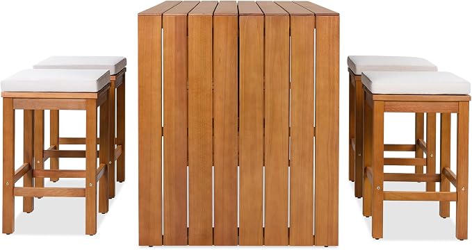5 Piece Outdoor Bar Set, Patio Acacia Wood Bar Height Table & Four Stools with Cushions, Poolside, Backyard Furniture for Stylish Entertaining