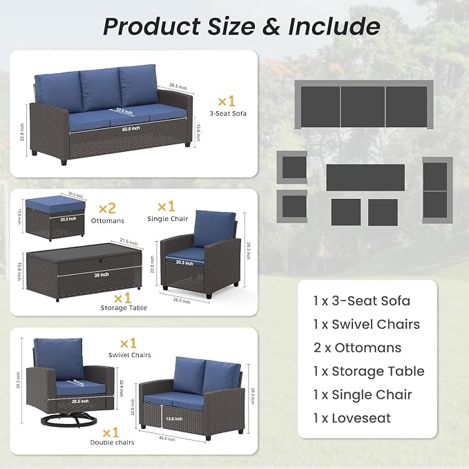 7-Piece Outdoor Patio Furniture Set with Wicker Rattan Sectional Sofa, Swivel Chairs, Ottomans, Coffee Table and Comfy Cushions, All-Weather Conversation Set for Balcony, Deck, Garden, Backyard Lounge