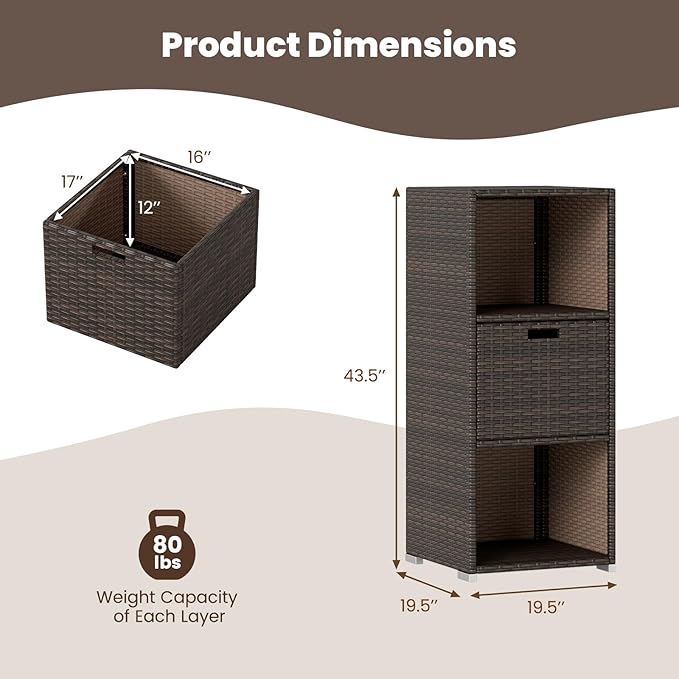 Tangkula Rattan Outdoor Storage Cabinet, Patiojoy Outdoor Wicker Cabinet with 3 Shelves, 1 Removable Drawer, Patio Storage Deck Box for Backyard Poolside Porch
