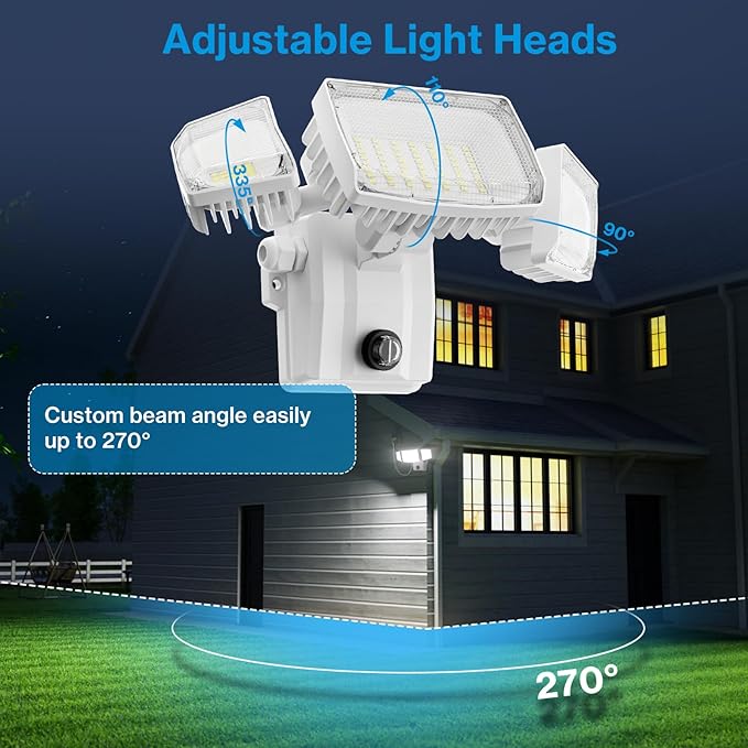 Olafus 80W Plug in Flood Lights Dusk to Dawn Outdoor Lighting, 8000LM Exterior LED Security Light with Remote, IP65 Waterproof, 6500K 3 Adjustable Heads Photocell Light for Yard, Garage, White