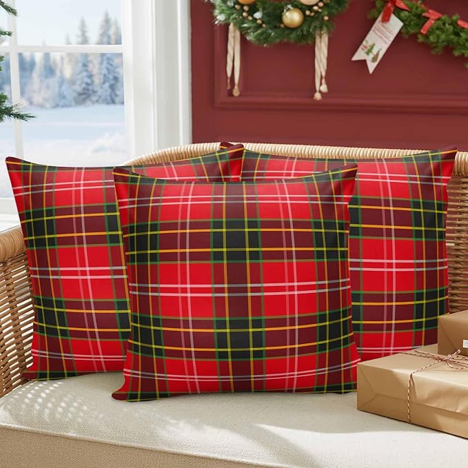 YOKOU Outdoor Waterproof Throw Pillow Covers, Merry Christmas Red and Green Gingham Tartan Plaid Vintage Farmhouse Decor Pillowcases Cushion Covers Cases for Patio Couch Bench, Pack of 2, 20X12 Inch