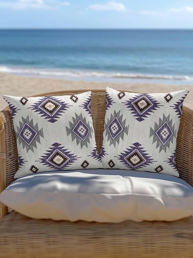 Waterproof Outdoor Pillow 1 Pack Purple Boho Aztec Decorative Throw Pillows Cover & Insert 16x16 Inch Pillowcase Southwest Tribal Style Square Pillows for Couch Sofa Bed Patio Furniture Indoor Outdoor