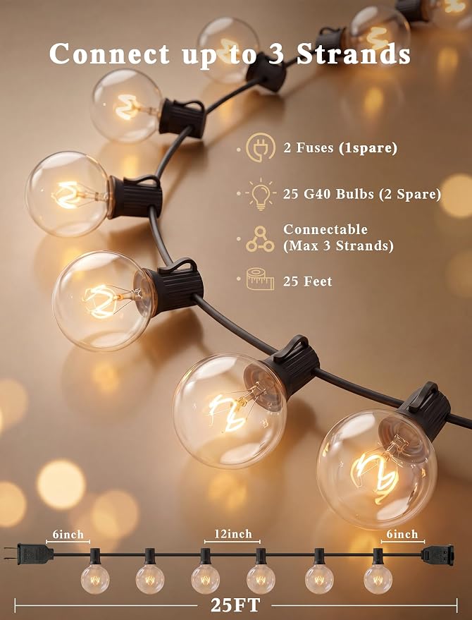 Abeja 25Ft Outdoor Patio String Lights, G40 Outdoor Globe String Lights with 27 Clear Bulbs, Hanging Light for Porch Backyard Deck Bars Wedding Indoor Decor, E12 Base, 5W Black Wire